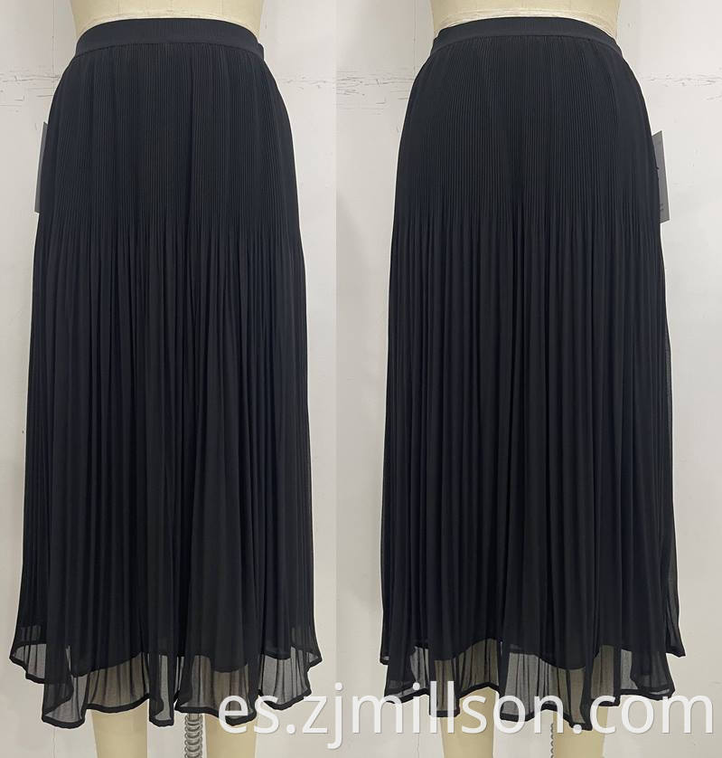 Woven Summer Black Elastic Band Pleated Skirt